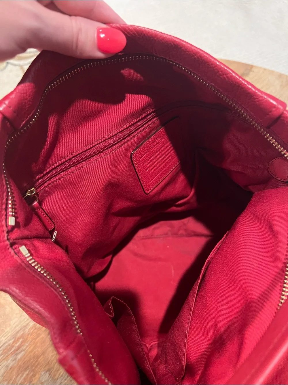 Coach Red Pebbled Leather Shoulder Bag with Logo Plaque
